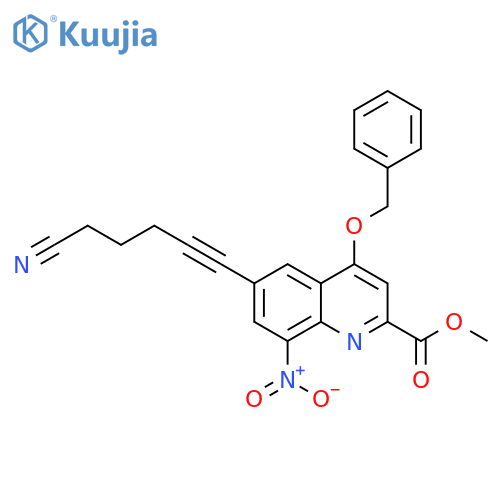 2-Quinolinecarboxylic acid,6-(5-cyano-1-pentynyl)-8-nitro-4-(phenylmethoxy)-, methyl ester structure
