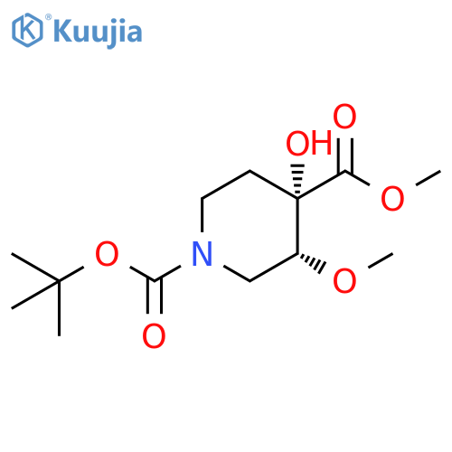 1,4-Piperidinedicarboxylic acid, 4-hydroxy-3-methoxy-,1-(1,1-dimethylethyl) 4-methyl ester, (3R,4S)-rel- structure