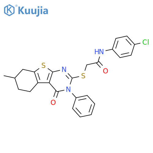 N-(4-chlorophenyl)-2-({11-methyl-3-oxo-4-phenyl-8-thia-4,6-diazatricyclo7.4.0.0^{2,7}trideca-1(9),2(7),5-trien-5-yl}sulfanyl)acetamide structure