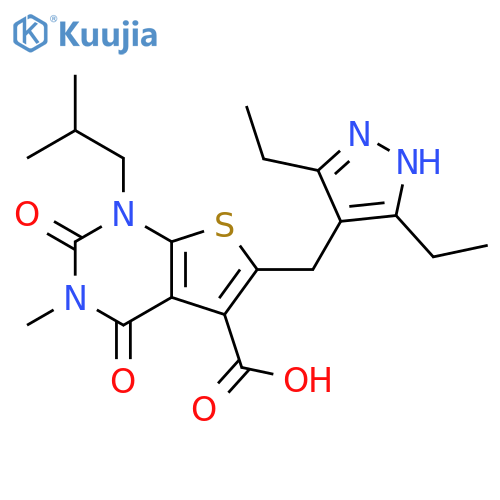 Thieno[2,3-d]pyrimidine-5-carboxylic acid,6-[(3,5-diethyl-1H-pyrazol-4-yl)methyl]-1,2,3,4-tetrahydro-3-methyl-1-(2-methylpropyl)-2,4-dioxo- structure