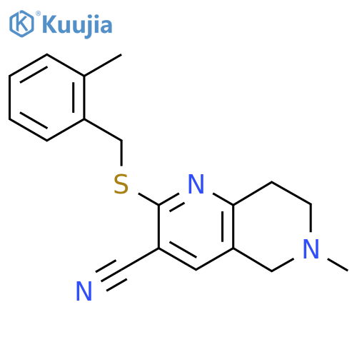 6-methyl-2-[(2-methylphenyl)methylsulfanyl]-7,8-dihydro-5H-1,6-naphthyridine-3-carbonitrile structure