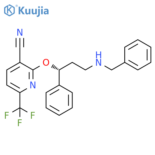 3-Pyridinecarbonitrile,2-[(1R)-1-phenyl-3-[(phenylmethyl)amino]propoxy]-6-(trifluoromethyl)- structure