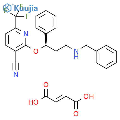 3-Pyridinecarbonitrile,2-[(1R)-1-phenyl-3-[(phenylmethyl)amino]propoxy]-6-(trifluoromethyl)-,(2E)-2-butenedioate structure