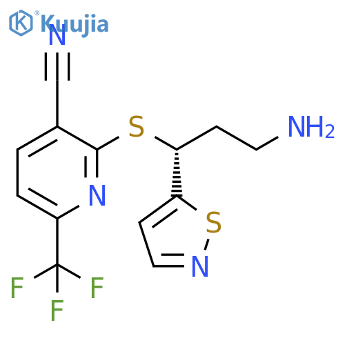 3-Pyridinecarbonitrile,2-[[(1R)-3-amino-1-(5-isothiazolyl)propyl]thio]-6-(trifluoromethyl)- structure