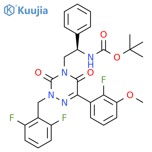 Carbamic acid,[(1R)-2-[2-[(2,6-difluorophenyl)methyl]-6-(2-fluoro-3-methoxyphenyl)-2,5-dihydro-3,5-dioxo-1,2,4-triazin-4(3H)-yl]-1-phenylethyl]-,1,1-dimethylethyl ester structure
