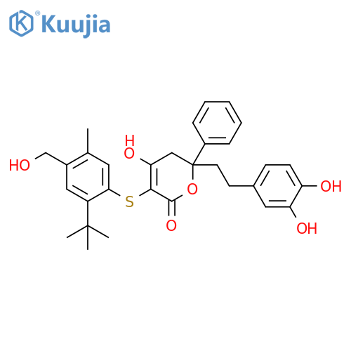 2H-Pyran-2-one,6-[2-(3,4-dihydroxyphenyl)ethyl]-3-[[2-(1,1-dimethylethyl)-4-(hydroxymethyl)-5-methylphenyl]thio]-5,6-dihydro-4-hydroxy-6-phenyl- structure