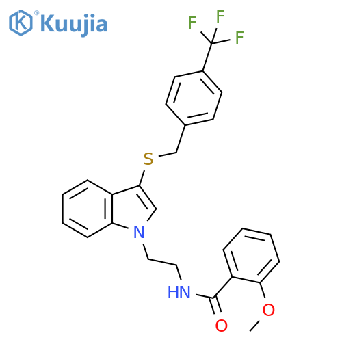 2-methoxy-N-{2-3-({4-(trifluoromethyl)phenylmethyl}sulfanyl)-1H-indol-1-ylethyl}benzamide structure