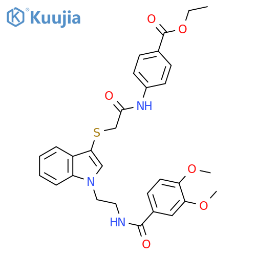 ethyl 4-{2-(1-{2-(3,4-dimethoxyphenyl)formamidoethyl}-1H-indol-3-yl)sulfanylacetamido}benzoate structure