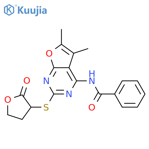 N-{5,6-dimethyl-2-(2-oxooxolan-3-yl)sulfanylfuro2,3-dpyrimidin-4-yl}benzamide structure