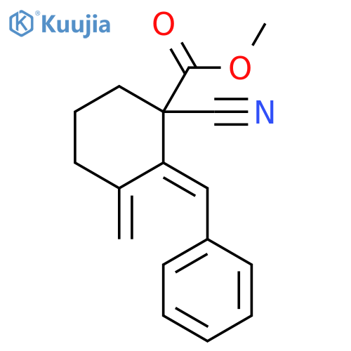 Cyclohexanecarboxylic acid,1-cyano-3-methylene-2-(phenylmethylene)-, methyl ester, (2E)- structure