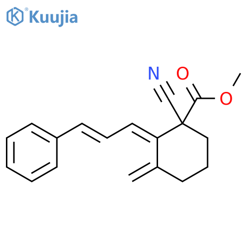 Cyclohexanecarboxylic acid,1-cyano-3-methylene-2-[(2E)-3-phenyl-2-propenylidene]-, methyl ester,(2E)- structure