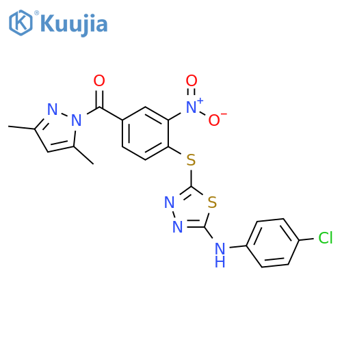 1H-Pyrazole,1-[4-[[5-[(4-chlorophenyl)amino]-1,3,4-thiadiazol-2-yl]thio]-3-nitrobenzoyl]-3,5-dimethyl- structure
