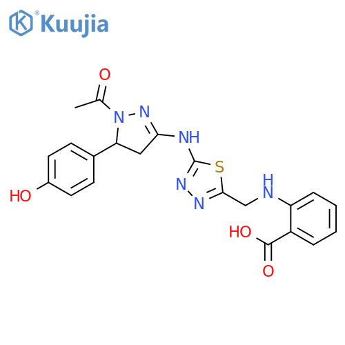Benzoic acid,2-[[[5-[[1-acetyl-4,5-dihydro-5-(4-hydroxyphenyl)-1H-pyrazol-3-yl]amino]-1,3,4-thiadiazol-2-yl]methyl]amino]- structure