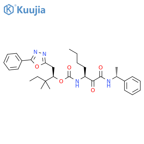 Carbamic acid, [(1S)-1-[oxo[[(1R)-1-phenylethyl]amino]acetyl]pentyl]-,(1R)-2,2-dimethyl-1-[(5-phenyl-1,3,4-oxadiazol-2-yl)methyl]butyl ester structure