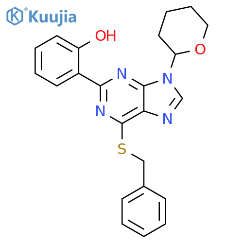 Phenol,2-[6-[(phenylmethyl)thio]-9-(tetrahydro-2H-pyran-2-yl)-9H-purin-2-yl]- structure