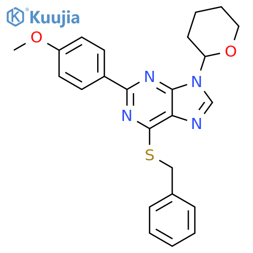 9H-Purine,2-(4-methoxyphenyl)-6-[(phenylmethyl)thio]-9-(tetrahydro-2H-pyran-2-yl)- structure