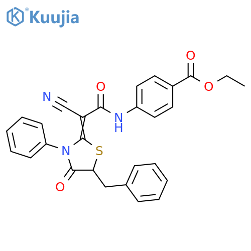 ethyl 4-{2-(2Z)-5-benzyl-4-oxo-3-phenyl-1,3-thiazolidin-2-ylidene-2-cyanoacetamido}benzoate structure
