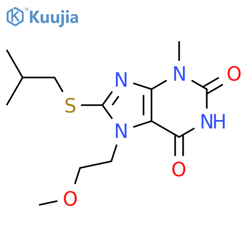 7-(2-methoxyethyl)-3-methyl-8-(2-methylpropyl)sulfanyl-2,3,6,7-tetrahydro-1H-purine-2,6-dione structure
