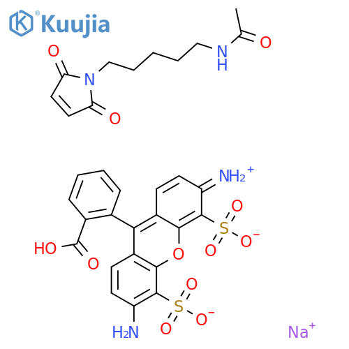 sodium;3-amino-6-azaniumylidene-9-(2-carboxyphenyl)xanthene-4,5-disulfonate;N-[5-(2,5-dioxopyrrol-1-yl)pentyl]acetamide structure