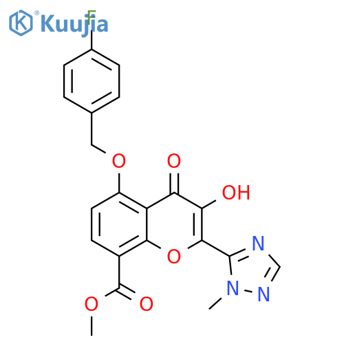 4H-1-Benzopyran-8-carboxylic acid,5-[(4-fluorophenyl)methoxy]-3-hydroxy-2-(1-methyl-1H-1,2,4-triazol-5-yl)-4-oxo-, methyl ester structure
