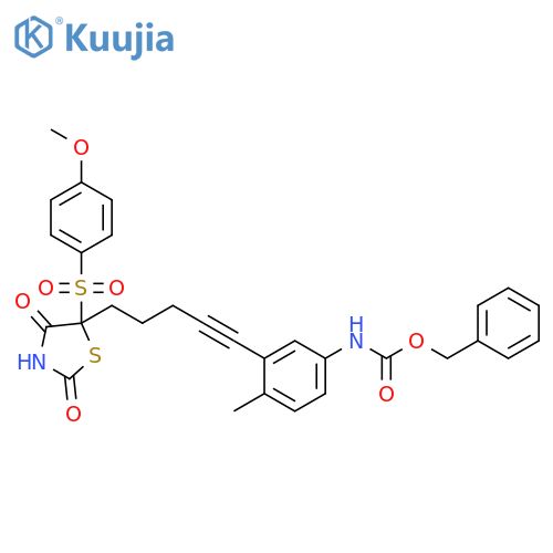 Carbamic acid,[3-[5-[5-[(4-methoxyphenyl)sulfonyl]-2,4-dioxo-5-thiazolidinyl]-1-pentynyl]-4-methylphenyl]-, phenylmethyl ester structure