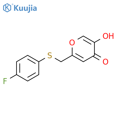 2-(((4-fluorophenyl)thio)methyl)-5-hydroxy-4H-pyran-4-one structure