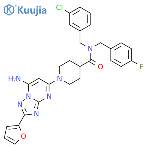 4-Piperidinecarboxamide,1-[7-amino-2-(2-furanyl)[1,2,4]triazolo[1,5-a]pyrimidin-5-yl]-N-[(3-chlorophenyl)methyl]-N-[(4-fluorophenyl)methyl]- structure