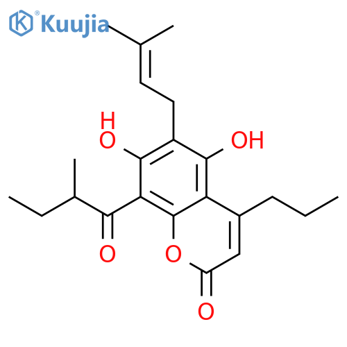 2H-1-Benzopyran-2-one,5,7-dihydroxy-6-(3-methyl-2-buten-1-yl)-8-[(2S)-2-methyl-1-oxobutyl]-4-propyl- structure
