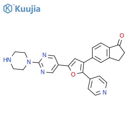 1H-Inden-1-one,2,3-dihydro-5-[5-[2-(1-piperazinyl)-5-pyrimidinyl]-2-(4-pyridinyl)-3-furanyl]- structure