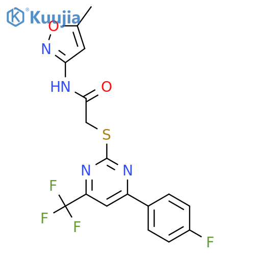 <br>2-{[4-(4-fluorophenyl)-6-(trifluoromethyl)pyrimidin-2-yl]thio}-N-(5-methyli soxazol-3-yl)acetamide structure
