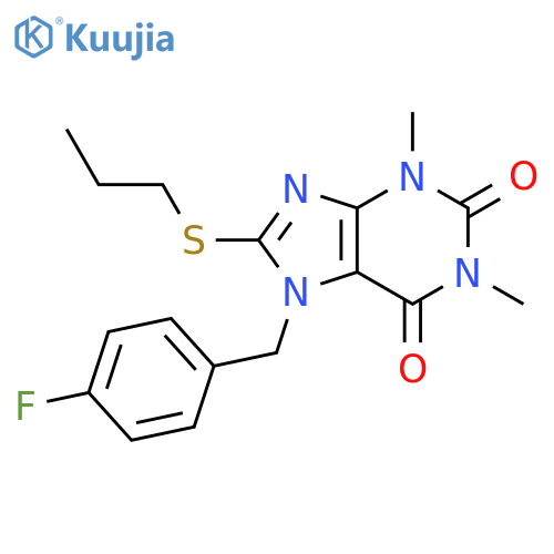 7-(4-fluorophenyl)methyl-1,3-dimethyl-8-(propylsulfanyl)-2,3,6,7-tetrahydro-1H-purine-2,6-dione structure