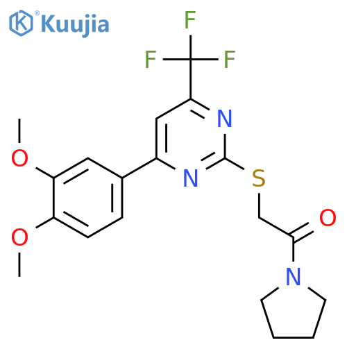 <br>2-[4-(3,4-Dimethoxy-phenyl)-6-trifluoromethyl-pyrimidin-2-ylsulfanyl]-1-pyr rolidin-1-yl-ethanone structure