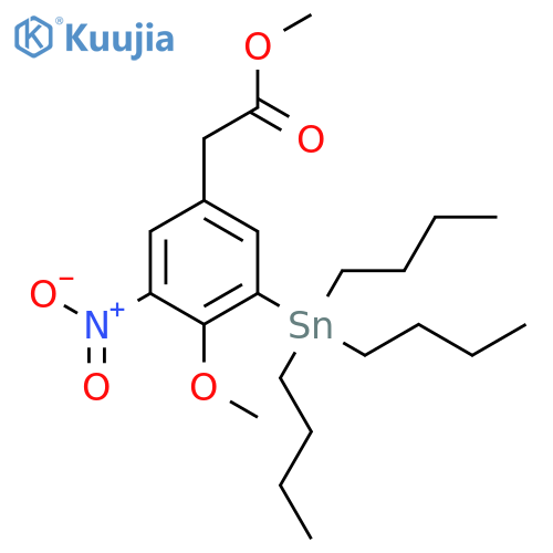 Benzeneacetic acid, 4-methoxy-3-nitro-5-(tributylstannyl)-, methyl ester structure