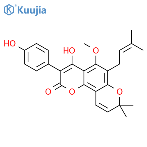 4-hydroxy-3-(4-hydroxyphenyl)-5-methoxy-8,8-dimethyl-6-(3-methylbut-2-en-1-yl)-2H,8H-pyrano[2,3-f]chromen-2-one structure