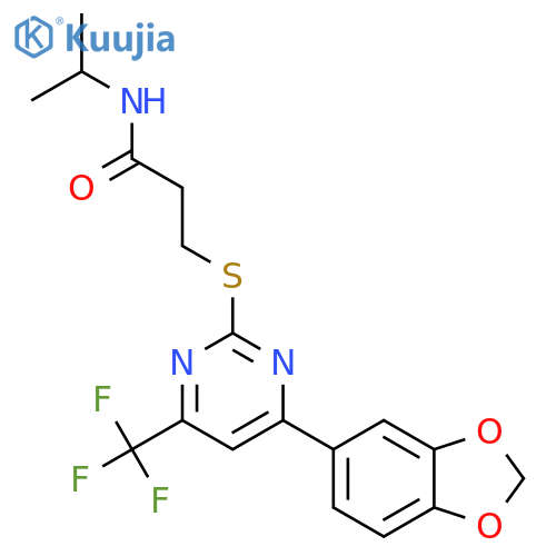 <br>3-(4-Benzo[1,3]dioxol-5-yl-6-trifluoromethyl-pyrimidin-2-ylsulfanyl)-N-isop ropyl-propionamide structure