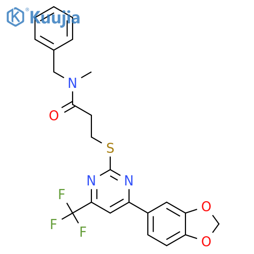 <br>3-(4-Benzo[1,3]dioxol-5-yl-6-trifluoromethyl-pyrimidin-2-ylsulfanyl)-N-benz yl-N-methyl-propionamide structure