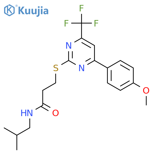 <br>3-{[4-(4-methoxyphenyl)-6-(trifluoromethyl)pyrimidin-2-yl]sulfanyl}-N-(2-me thylpropyl)propanamide structure
