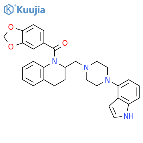 Quinoline,1-(1,3-benzodioxol-5-ylcarbonyl)-1,2,3,4-tetrahydro-2-[[4-(1H-indol-4-yl)-1-piperazinyl]methyl]- structure
