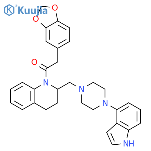 Quinoline,1-(1,3-benzodioxol-5-ylacetyl)-1,2,3,4-tetrahydro-2-[[4-(1H-indol-4-yl)-1-piperazinyl]methyl]- structure
