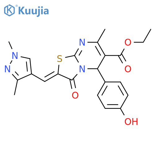 ethyl (2E)-2-[(1,3-dimethyl-1H-pyrazol-4-yl)methylidene]-5-(4-hydroxyphenyl)-7-methyl-3-oxo-2H,3H,5H-[1,3]thiazolo[3,2-a]pyrimidine-6-carboxylate structure
