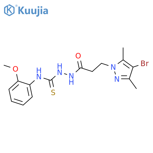 <br>2-[3-(4-bromo-3,5-dimethyl-1H-pyrazol-1-yl)propanoyl]-N-(2-methoxyphenyl)hy drazinecarbothioamide structure