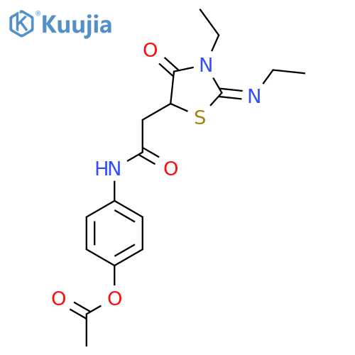 4-{2-(2E)-3-ethyl-2-(ethylimino)-4-oxo-1,3-thiazolidin-5-ylacetamido}phenyl acetate structure
