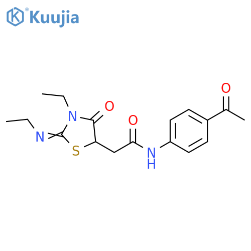 N-(4-acetylphenyl)-2-(2E)-3-ethyl-2-(ethylimino)-4-oxo-1,3-thiazolidin-5-ylacetamide structure