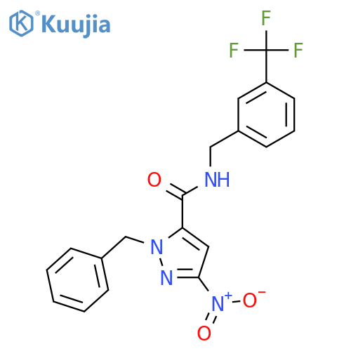 1-benzyl-3-nitro-N-[3-(trifluoromethyl)benzyl]-1H-pyrazole-5-carboxamide structure