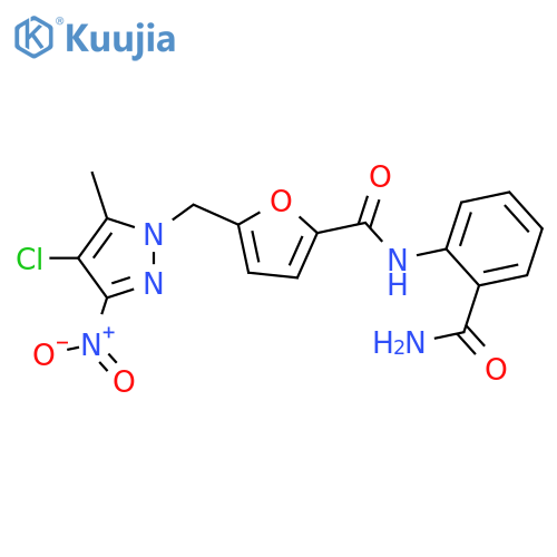 <br>N-(2-carbamoylphenyl)-5-[(4-chloro-5-methyl-3-nitro-1H-pyrazol-1-yl)methyl] furan-2-carboxamide structure