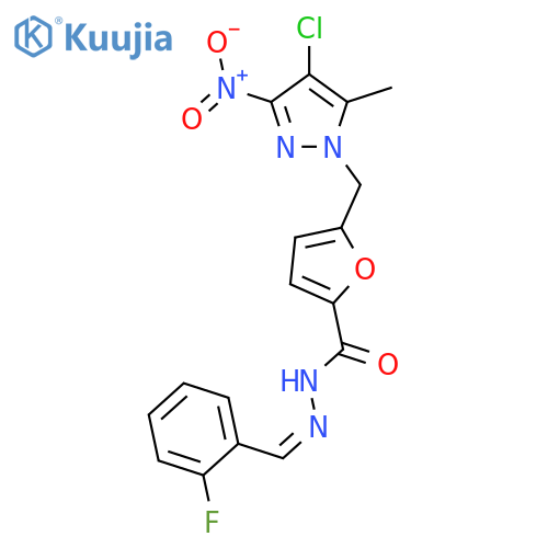 <br>5-({4-chloro-3-nitro-5-methyl-1H-pyrazol-1-yl}methyl)-N'-(2-fluorobenzylide ne)-2-furohydrazide structure