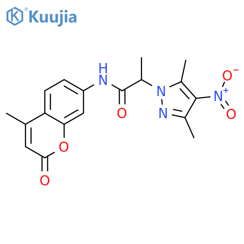 <br>2-(3,5-dimethyl-4-nitro-1H-pyrazol-1-yl)-N-(4-methyl-2-oxo-2H-chromen-7-yl) propanamide structure