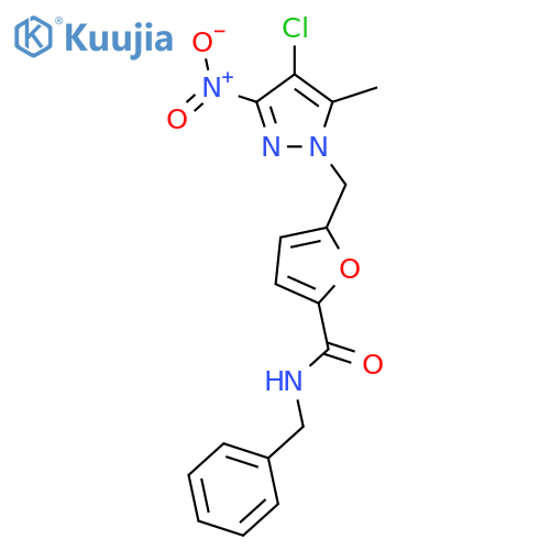 N-benzyl-5-({4-chloro-3-nitro-5-methyl-1H-pyrazol-1-yl}methyl)-2-furamide structure