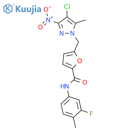 <br>5-({4-chloro-3-nitro-5-methyl-1H-pyrazol-1-yl}methyl)-N-(3-fluoro-4-methylp henyl)-2-furamide structure