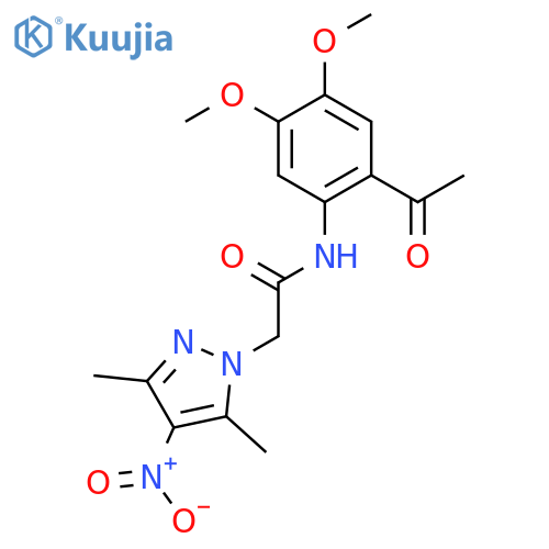 <br>N-(2-acetyl-4,5-dimethoxyphenyl)-2-(3,5-dimethyl-4-nitro-1H-pyrazol-1-yl)ac etamide structure